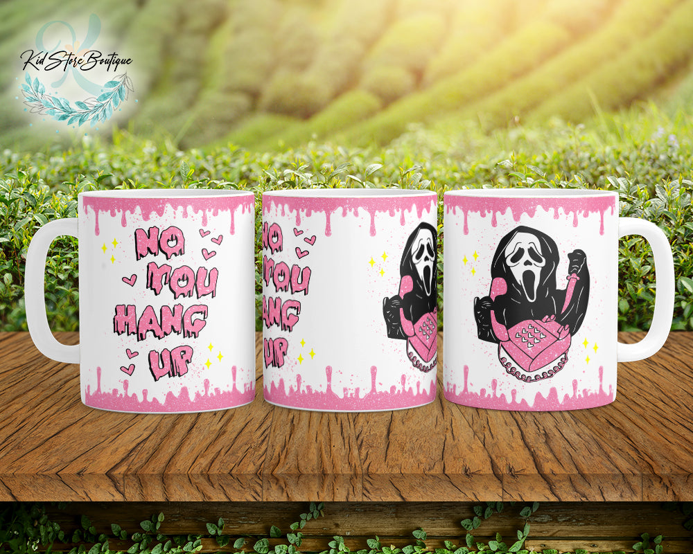 No you hang up ghost face Halloween coffee cup, large ceramic coffee cup, scream movie coffee cup