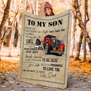 Vintage Car Trucker From Dad To My Son Wherever Your Journey In Life May Take You Fleece Blanket- Best Gift For Son From Dad