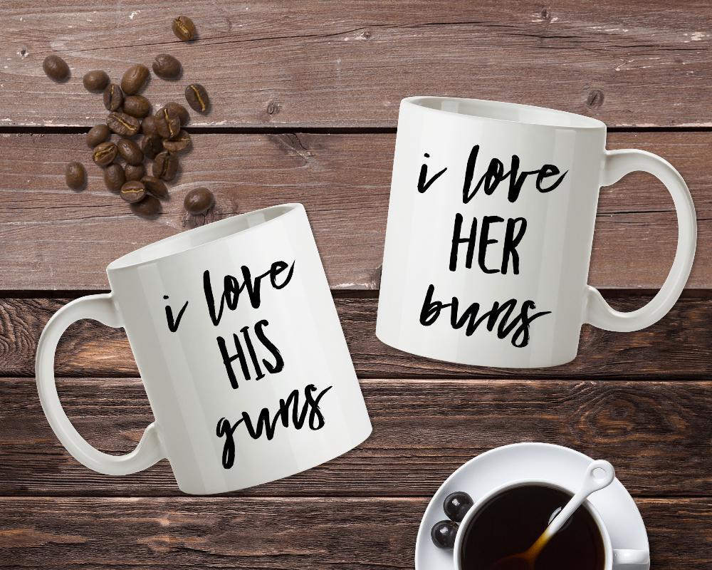 I Love Her Buns I Love His Guns Couple Mugs White Mug -Couple Mugs- Couple Coffee Cups- Dad and Mom Gift- Gift for Anniversary- Wedding Gift
