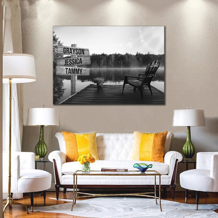 Personalized Black - White Lake View with Chair Street Signs Customized With Names Canvas