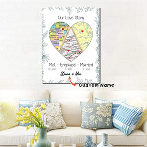 Personalized Our Love Heart Map Print Married Anniversary Wedding Gift - 0.75 & 1.5 In Framed Canvas - Home Decor- Wall Art