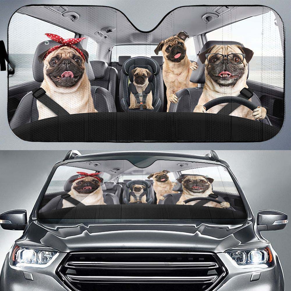 Pug Family Car Sunshade, Dogs Lover Car Sunshade