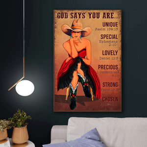 Red Dress Girl With Cowboy Hat - God Says You Are Unique 0.75 & 1.5 In Framed Canvas - Home Living, Wall Decor, Canvas Wall Art