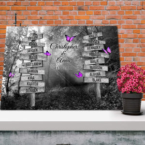 Street Signs Customized With Family Names - Black and White Forest Road Sunset 0.75 & 1.5 In Framed Canvas - Wall Decor,Canvas Wall Art