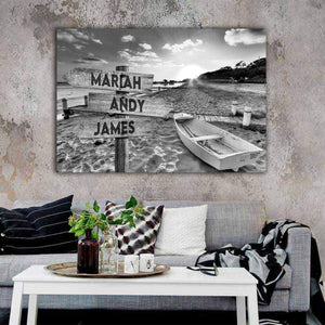 Sunset At The Beach Multi-Names Canvas - Family Street Signs Customized With Names- 0.75 & 1.5 In Framed -Wall Decor, Canvas Wall Art