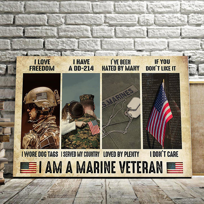 American I Am AMarine Veteran - I Love Freedom I Wore Dog Tags I Served My Country Canvas