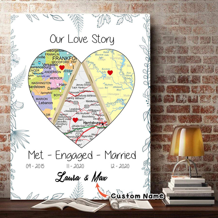 Personalized Our Love Heart Map Print Married Anniversary Wedding Gift Canvas