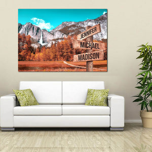 Personalized Autumn Mountain Color Multi-Names Canvas- Street Signs Customized With Names- 0.75 & 1.5 In Framed -Wall Decor, Canvas Wall Art