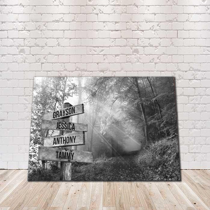 Black and White Forest Road Sunset Street Signs Customized With Names Canvas