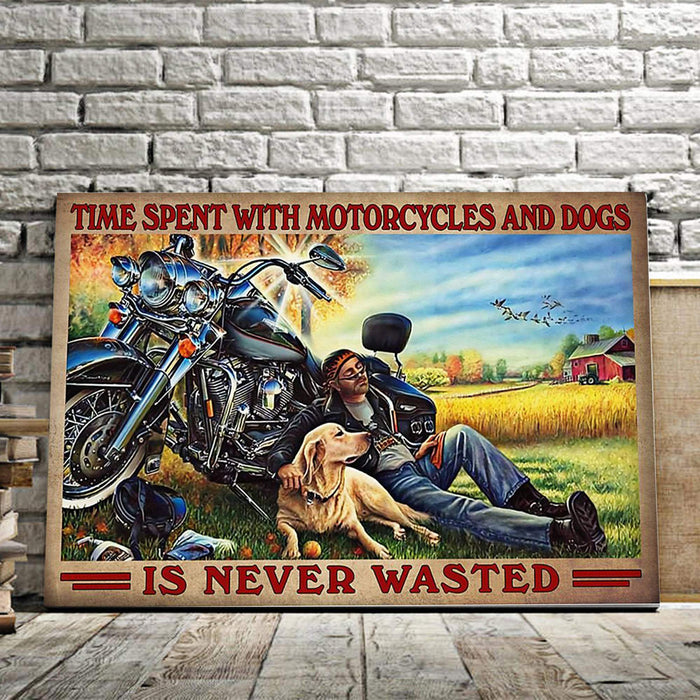 Racer With Golden Retriever - Time Spent With Motorcycles And Dogs Is Never Wasted Canvas