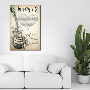 In My Life Lyrics With Heart Typography Guitar And The Beatles Signatures Canvas - 0.75 & 1.5 In Framed -Wall Decor, Canvas Wall Art