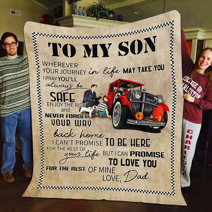 Vintage Car Trucker From Dad To My Son Wherever Your Journey In Life May Take You Fleece Blanket - Best Gift For Son From Dad