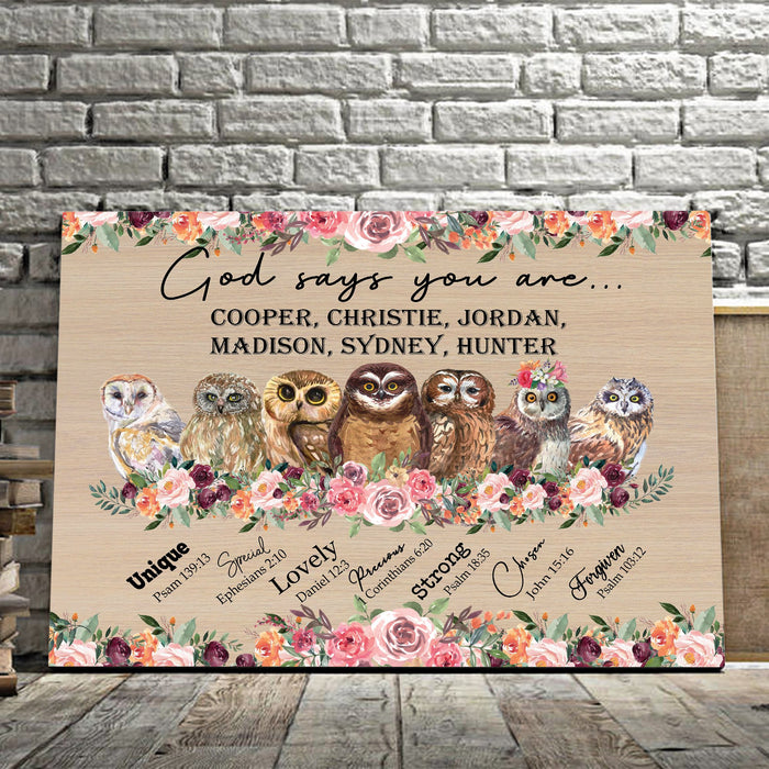 Owls God Says You Are Unique Special Horizonal Canvas Customized With Names