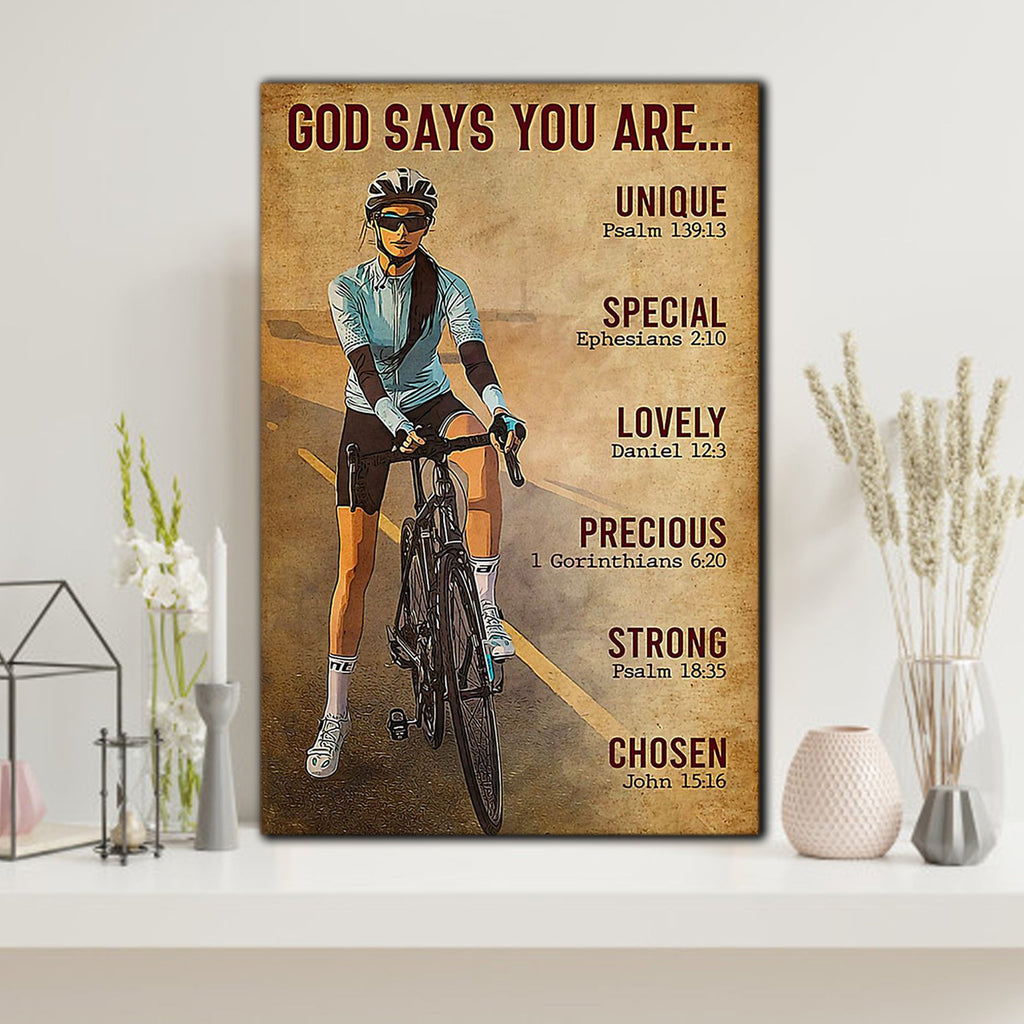 Woman Riding A Bicycle - God Says You Are Unique, Special, Lovely Canvas- 0.75 & 1.5 In Framed Canvas - Home Wall Decor, Wall Art