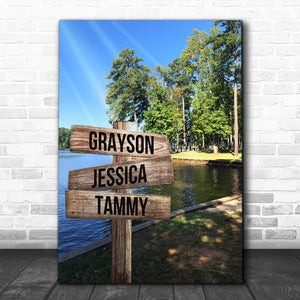 Personalized Lake Scene- Multi-Names Premium Canvas - Street Signs Customized With Names- 0.75 & 1.5 In Framed -Wall Decor, Canvas Wall Art