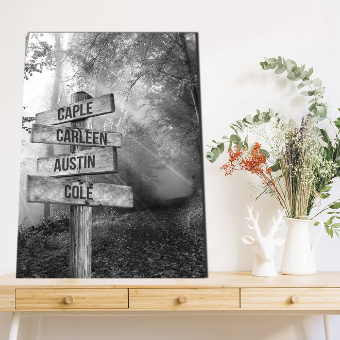 Personalized Black and White Forest Road Sunset Street Signs Customized With Names Canvas