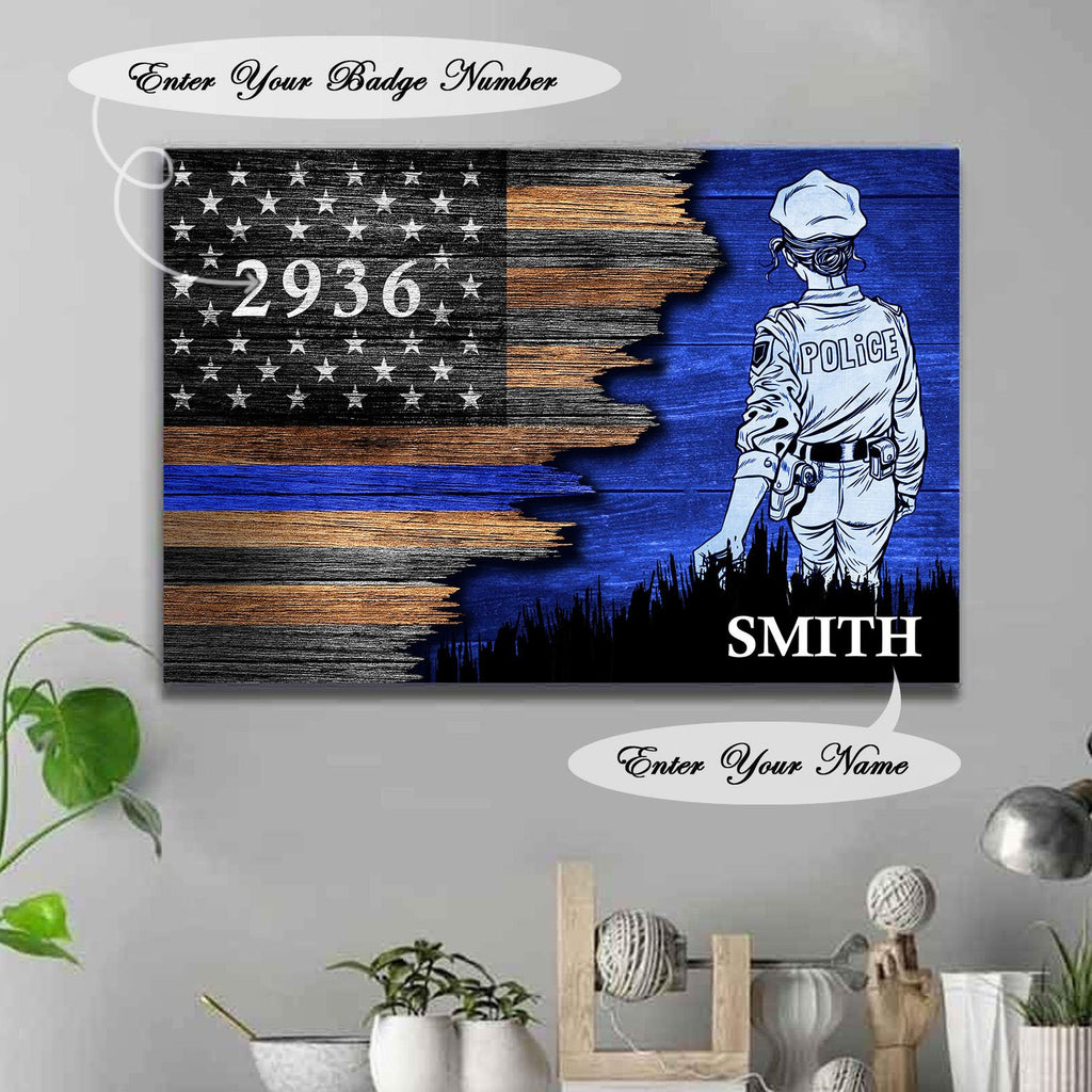 Female -Personalized Name Police Canvas- Best Gifts For Police -Half Flag Police Officer Suit Personalized Canvas- 0.75 & 1.5 In Framed