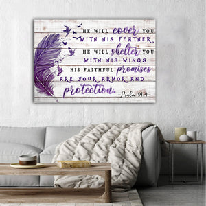 Feather and Bird Psalm Quotes- He Will Cover You With His Feathers 0.75 & 1.5 In Framed Canvas - Home Decor, Canvas Wall Art