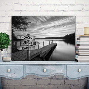 Lake Sunset Multi-Names Canvas - Family Street Signs Customized With Names- 0.75 & 1.5 In Framed -Wall Decor, Canvas Wall Art