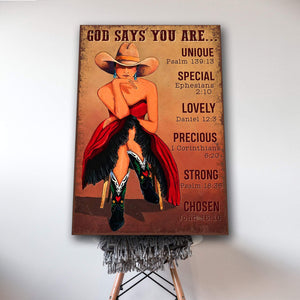 Red Dress Girl With Cowboy Hat - God Says You Are Unique 0.75 & 1.5 In Framed Canvas - Home Living, Wall Decor, Canvas Wall Art