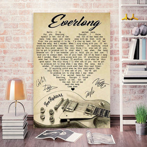 Everlong Lyrics With Heart Typography Guitar And Foo Fighters Autographs - 0.75 & 1.5 In Framed Canvas - Home Decor- Wall Art