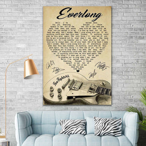 Everlong Lyrics With Heart Typography Guitar And Foo Fighters Autographs - 0.75 & 1.5 In Framed Canvas - Home Decor- Wall Art