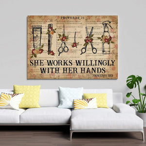 She Works Willingly With Her Hands-Barber Canvas- 0.75 & 1.5 In Framed - Home Living -Wall Decor, Canvas Wall Art