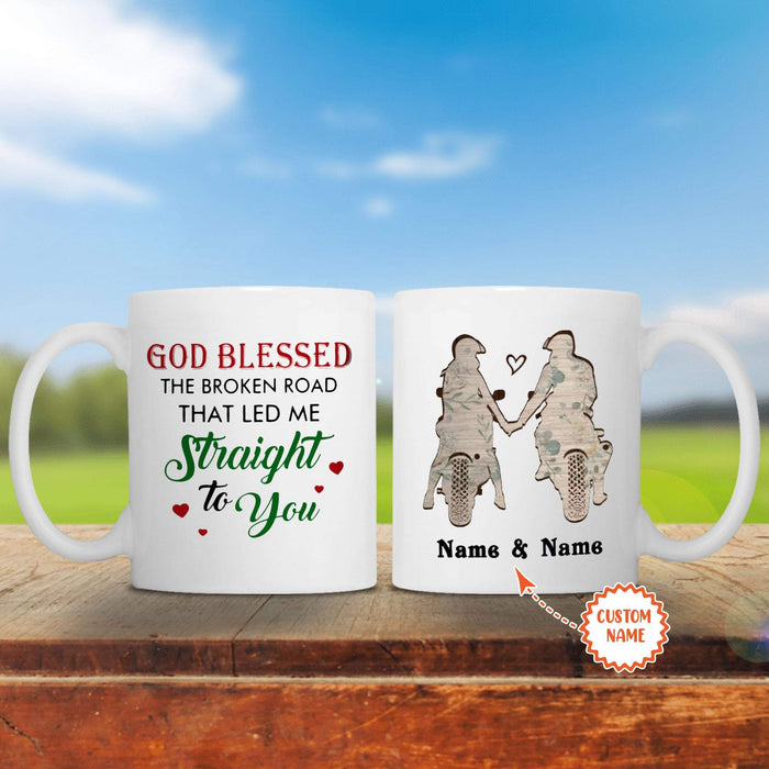 Personalized Riding God Blessed The Broken Road That led Me Straight To You With Names Mug - Best Cup Gift