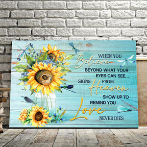 Believe Heaven Love- Best Gift For Sunflowers And Dragonflies Lovers 0.75 and 1,5 Framed Canvas - FarmHome Decor - Wall Decor