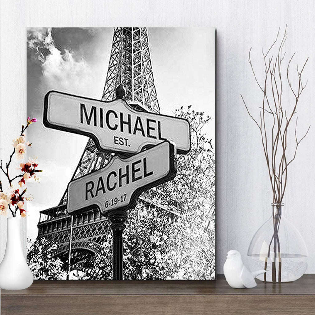 The Eiffel Tower Paris Multi-Names Premium Canvas - Street Signs Customized With Names- 0.75 & 1.5 In Framed -Wall Decor, Canvas Wall Art