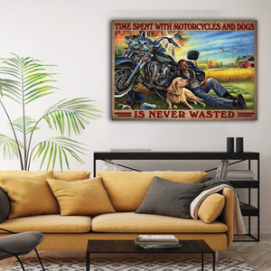 Racer With Golden Retriever - Time Spent With Motorcycles And Dogs Is Never Wasted 0.75 & 1.5 In Framed - Home Decor- Canvas Wall Art
