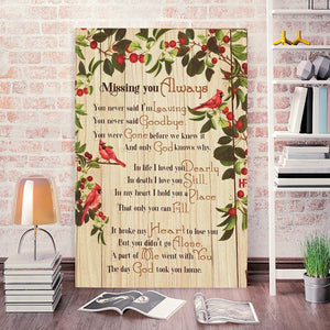Cardinal Birds Missing You Always Canvas- Memorial Canvas- 0.75 In & 1.5 In Framed -Wall Decor, Canvas Wall Art
