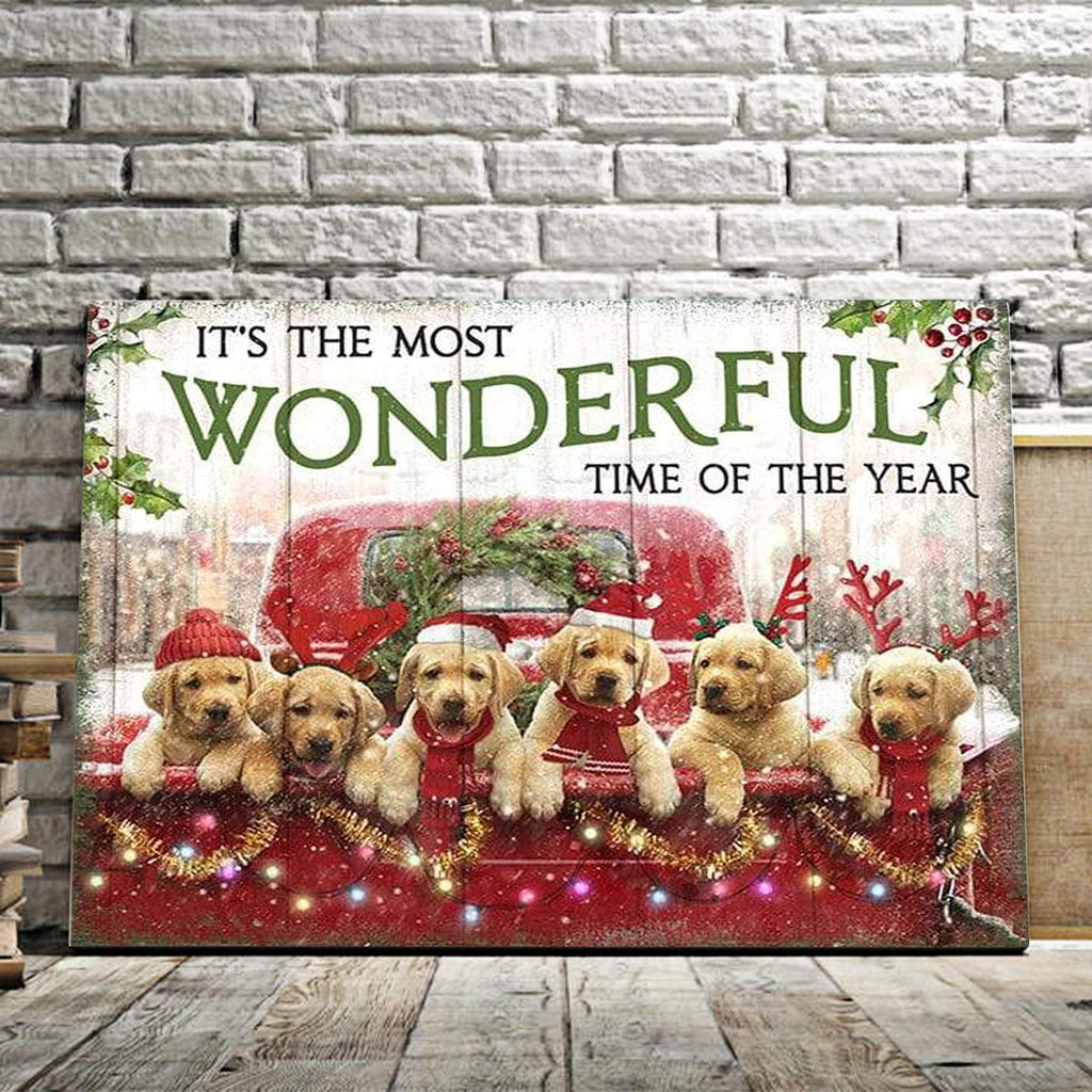 Six Golden Dogs On Christmas Car - It�EEE€�EEEs The Most Wonderful Time Of The Year Canvas - 0.75 & 1.5 In Framed -Wall Decor, Canvas Wall Art