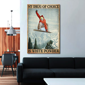 Man In Red Snowboarding - My Drug Of Choice Is White Powder 0.75 & 1.5 In Framed Canvas - Home Living, Wall Decor, Canvas Wall Art