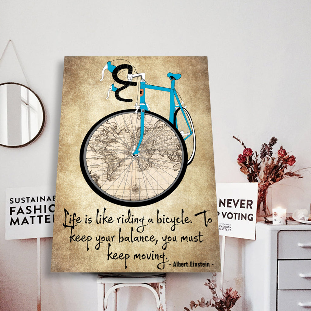 Albert Einstein, Blue Sport Bicycle And The World Map Life Is Like Riding a Bicycle Canvas - Home Living- Wall Decor, Canvas Wall Art