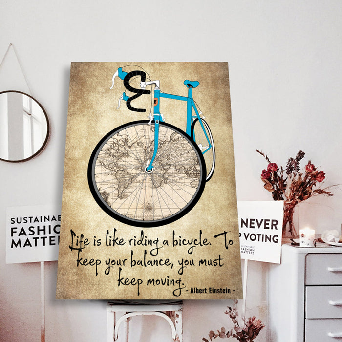 Albert Einstein, Blue Sport Bicycle And The World Map Life Is Like Riding a Bicycle Canvas
