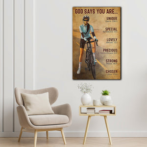 Woman Riding A Bicycle - God Says You Are Unique, Special, Lovely Canvas- 0.75 & 1.5 In Framed Canvas - Home Wall Decor, Wall Art
