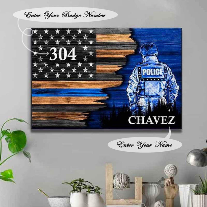 Personalized Name Police Canvas - Best Gifts For Police - Half Flag Police Officer Suit Personalized Canvas