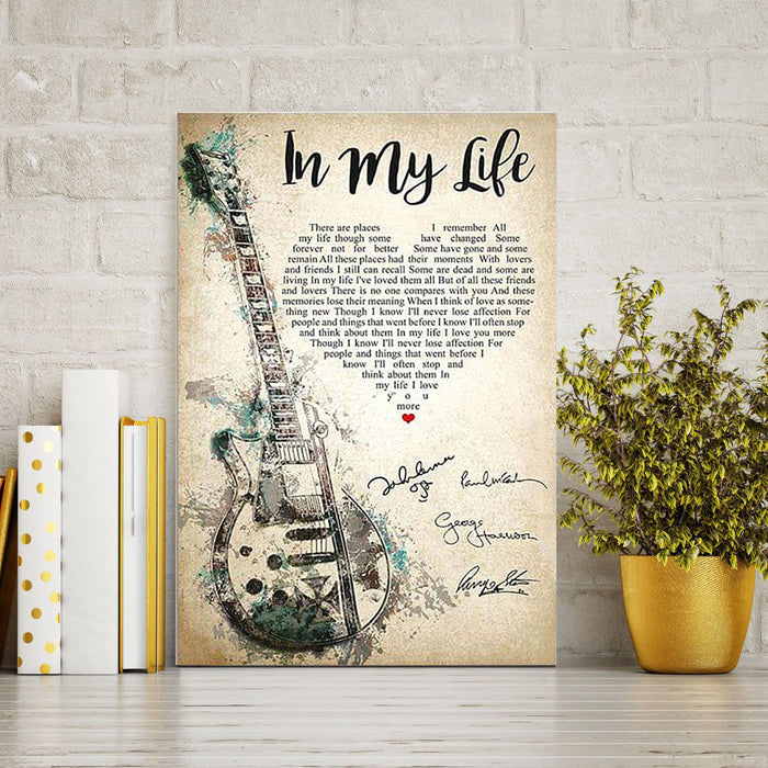 In My Life Lyrics With Heart Typography Guitar And The Beatles Signatures Canvas