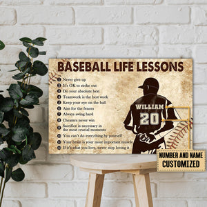 Baseball Life Lessons, Baseball Player, Never Give Up, Personalized Canvas