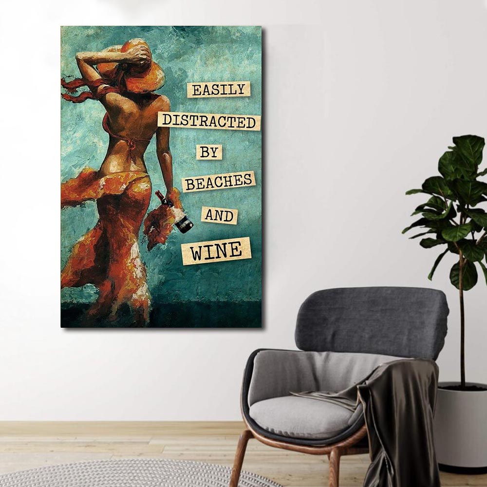 Bikini girl easily distracted by beaches and wine, Gift for Her Canvas, Wall-art Canvas