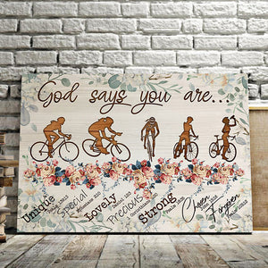 Cycling Woman - God Says You Are Unique, Special, Lovely, Precious, Strong, Gift for Her Canvas