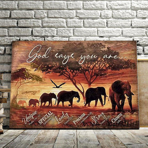 Elephant Family - God Says You Are Unique, Special, Lovely, Precious, Strong, Family Canvas