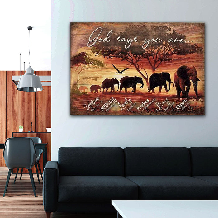 Elephant Family - God Says You Are Unique, Special, Lovely, Precious, Strong, Family Canvas