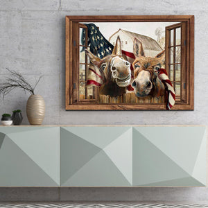 Farmhouse Décor Art Canvas Two Funny Donkeys Independence Days American Flag, Funny Canvas