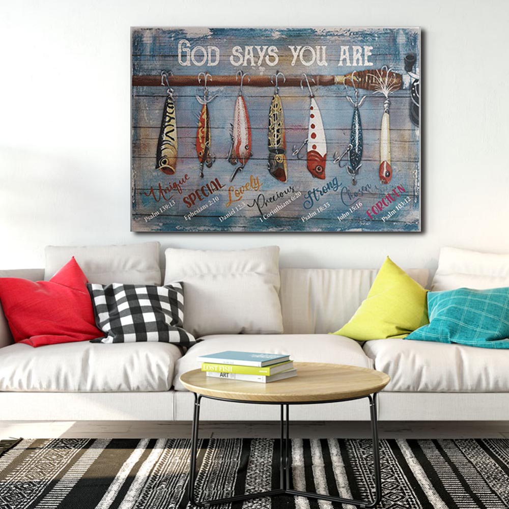Fishing Bait - God Says You Are Unique, Special, Lovely, Precious, Strong, Chosen, Forgiven Canvas, Wall-art Canvas