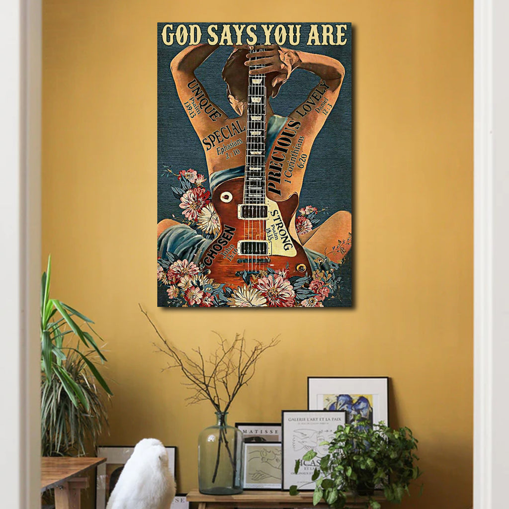 God Says You Are Unique Special Lovely Precious, Girl and Guitar, Gift for Her Canvas