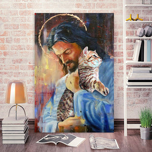 God Loves Cat, Jesus Cat Lover Canvas, Wall-art Canvas