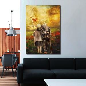 Jesus and old couple - to the beautiful world canvas, Cristian Canvas, Couple Canvas
