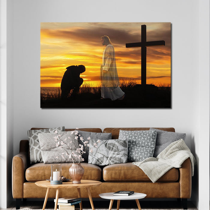 Man And God - Man Kneeling Worship, The Cross Canvas